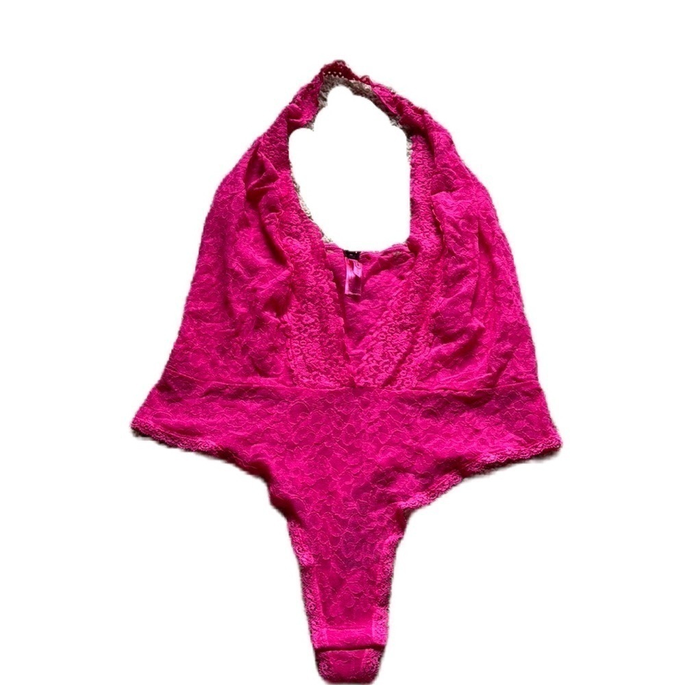 Victoria’s Secret L hot pink “the Lacie” halter top bodysuit with deep vneck.
